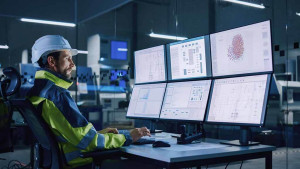 Ein Arbeiter überwacht auf mehreren Bildschirmen die Gebäudeleittechnik